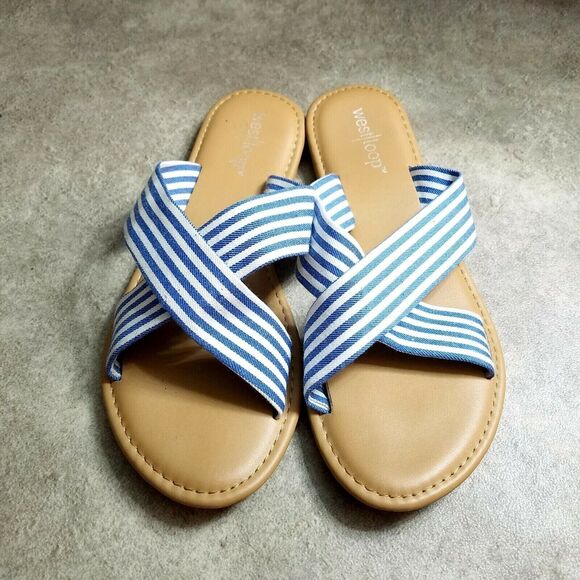 West Loop Womens Size 5/6 Blue White Slide Sandals Flats - Picture 2 of 8